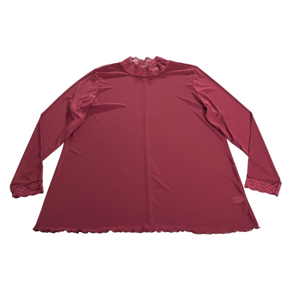 LOGO Lori Goldstein Mesh Top Womens XL Merlot Lace Mock Neck Sheer Whimsigoth